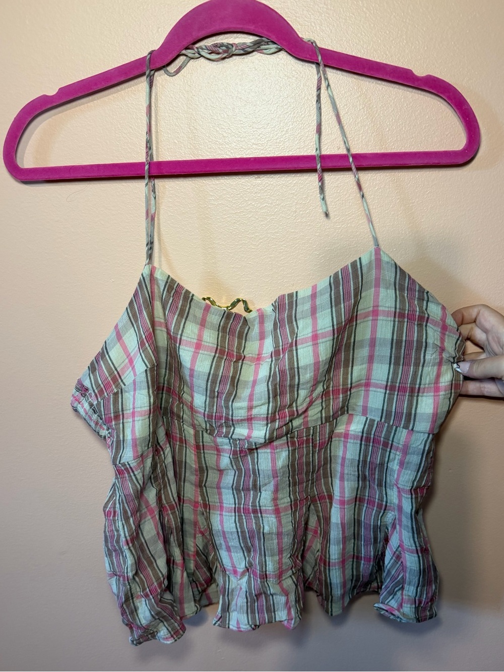 Plaid Halter Summer Tank Top - Pink & brown